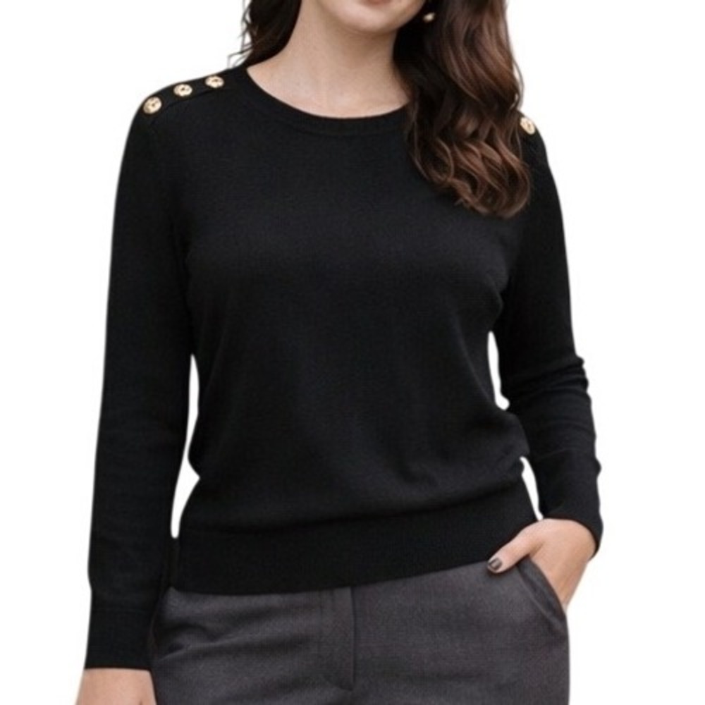 Women's‎ Black Long Sleeve Knitted Pullover Sweater Gold Shoulder Button Size LP